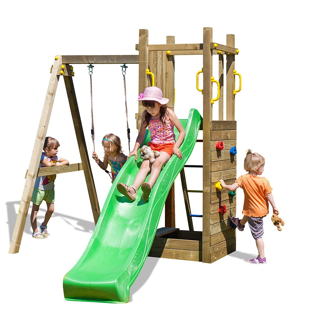 Rumble Ridge Wooden Rock Wall Climbing Frame with Single Swing & Slide