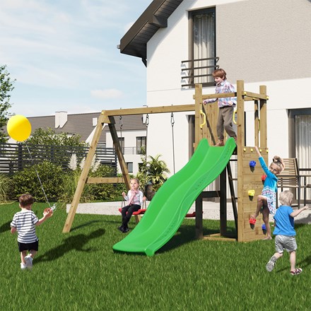 Rumble Ridge Wooden Rock Wall Climbing Frame with Double Swing & Slide