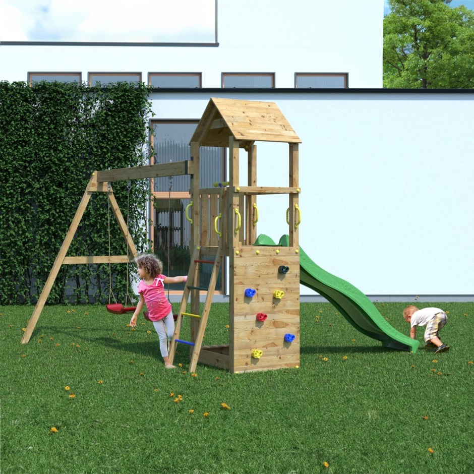 Sky High Wooden Hideout Rock Wall Climbing Frame with Double Swing & Slide