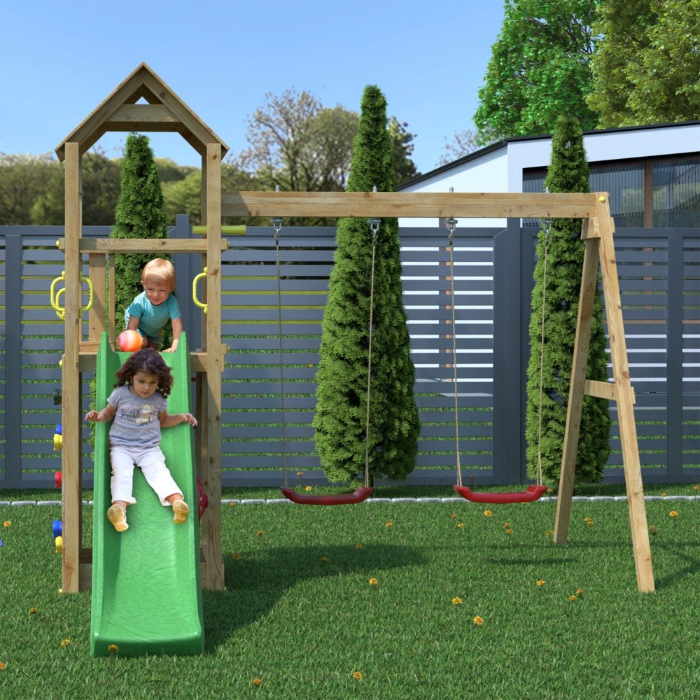 Sky High Wooden Hideout Rock Wall Climbing Frame with Double Swing & Slide