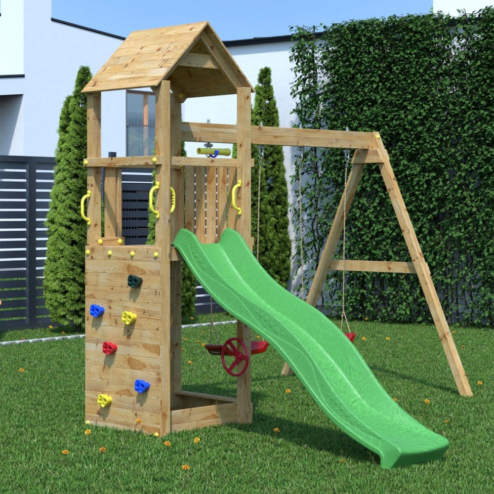 Sky High Wooden Hideout Rock Wall Climbing Frame with Double Swing & Slide