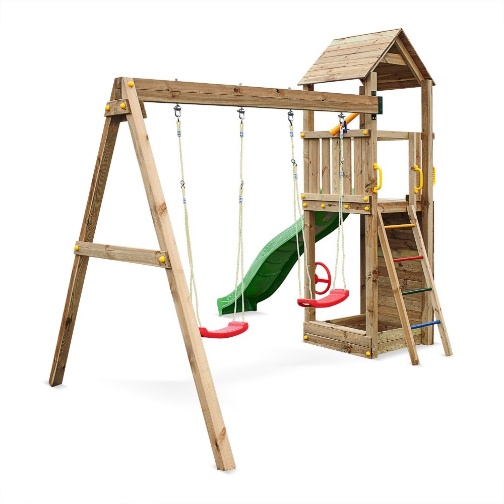Sky High Wooden Hideout Rock Wall Climbing Frame with Double Swing & Slide