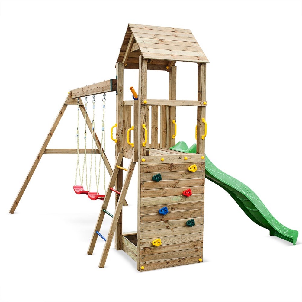 Sky High Wooden Hideout Rock Wall Climbing Frame with Double Swing & Slide