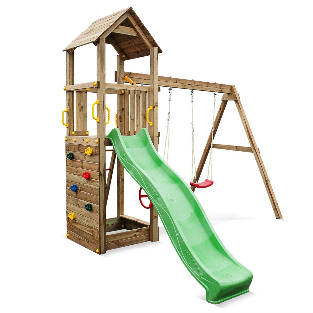 Sky High Wooden Hideout Rock Wall Climbing Frame with Double Swing & Slide