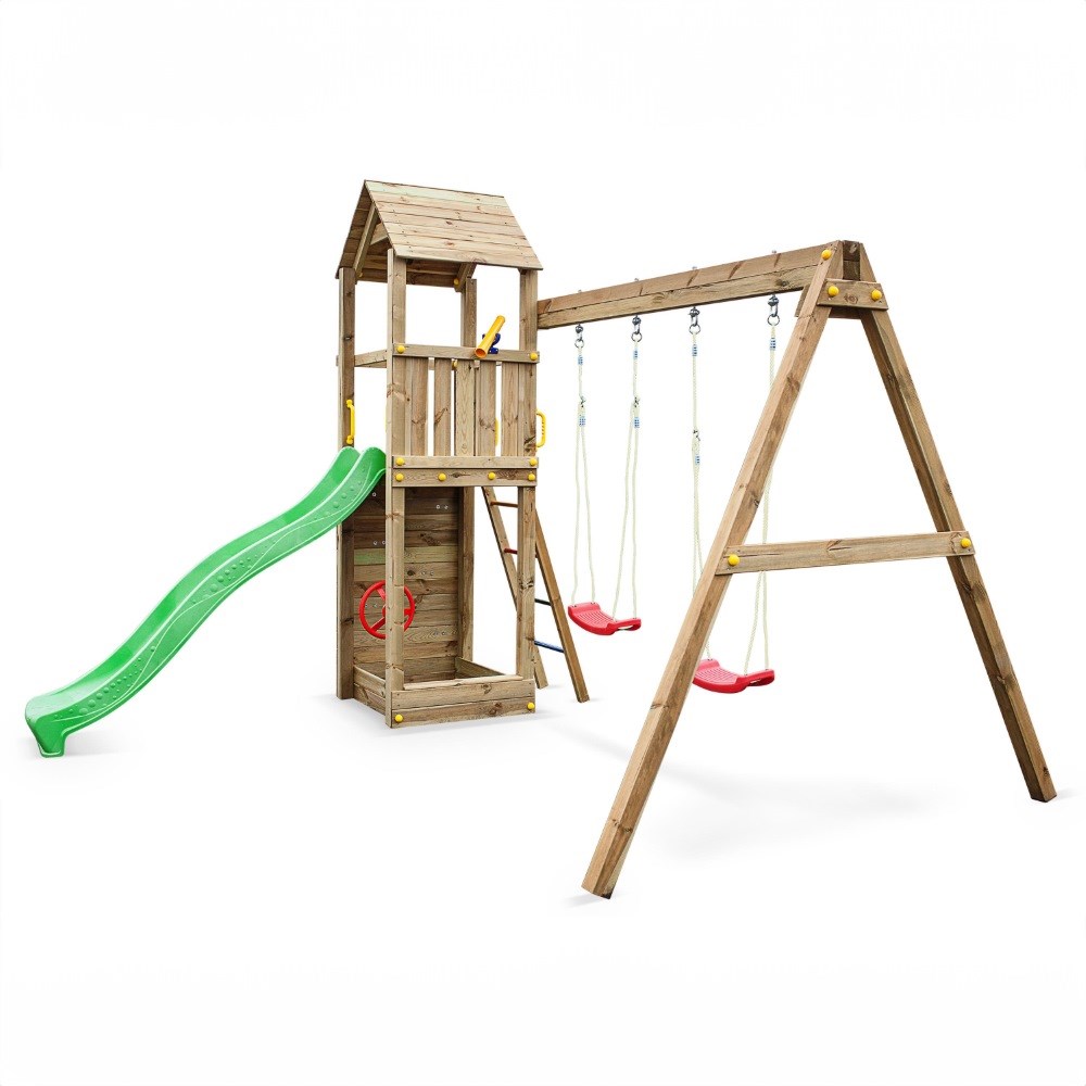 Sky High Wooden Hideout Rock Wall Climbing Frame with Double Swing & Slide