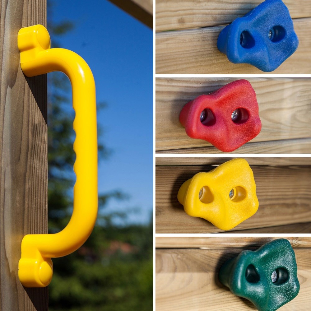 Sky High Wooden Hideout Rock Wall Climbing Frame with Double Swing & Slide