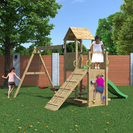 Summit Seeker Wooden Scramble Climbing Frame with Rope | Double Swing & Slide