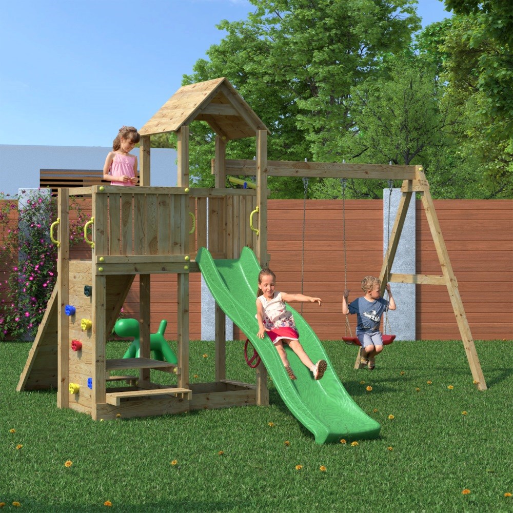 Summit Seeker Wooden Scramble Climbing Frame with Rope | Double Swing & Slide