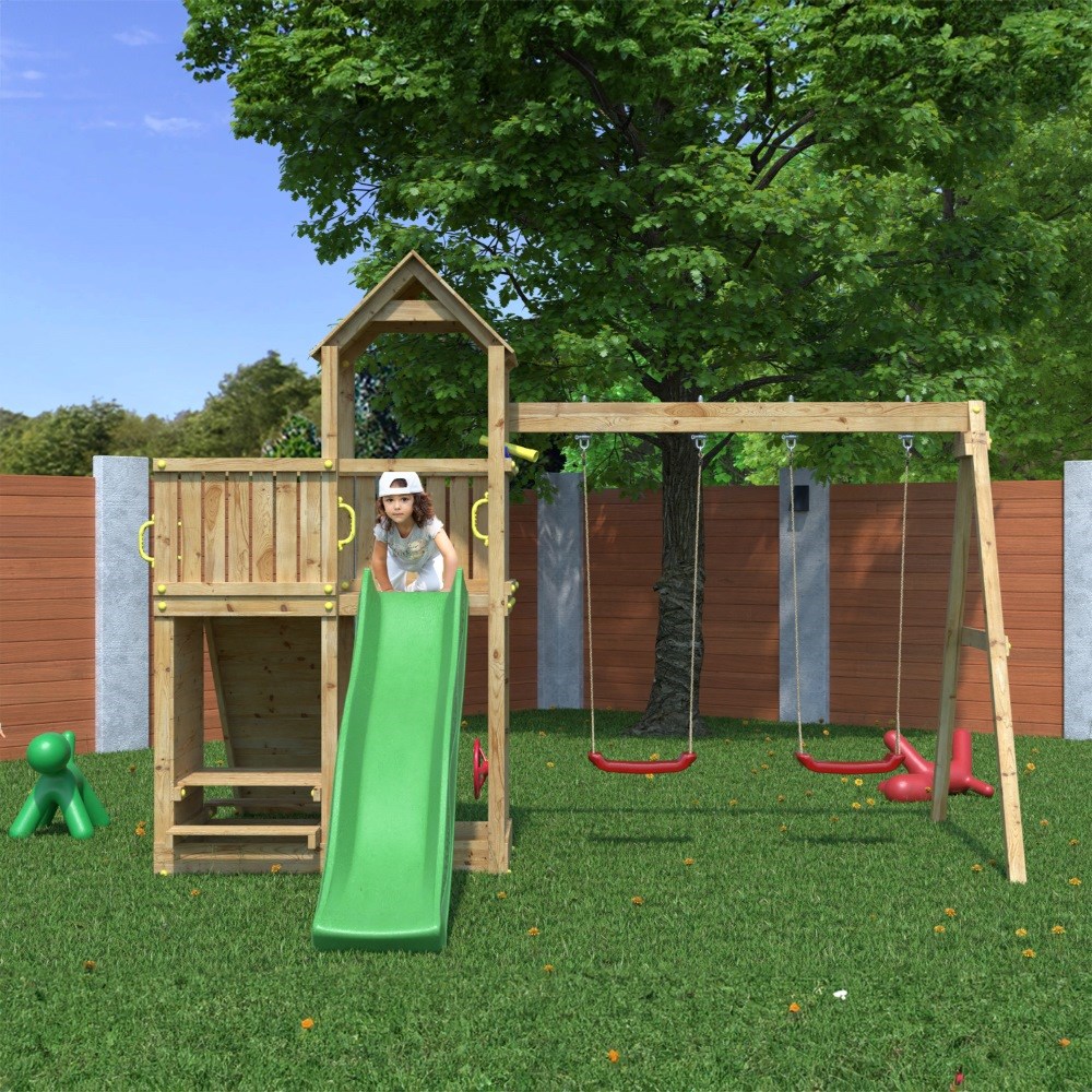 Summit Seeker Wooden Scramble Climbing Frame with Rope | Double Swing & Slide