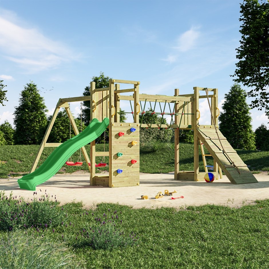 Maxi Fun Double Tower Wooden Climbing Frame with Bridge | Double Swing & Slide