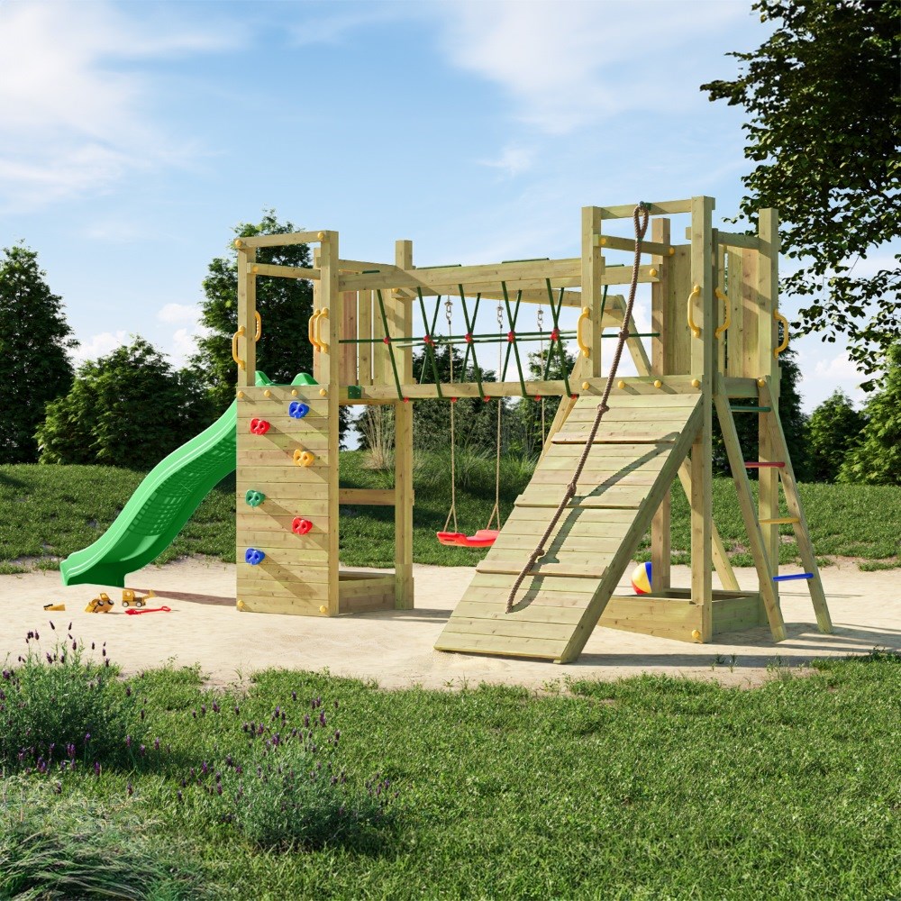 Maxi Fun Double Tower Wooden Climbing Frame with Bridge | Double Swing & Slide