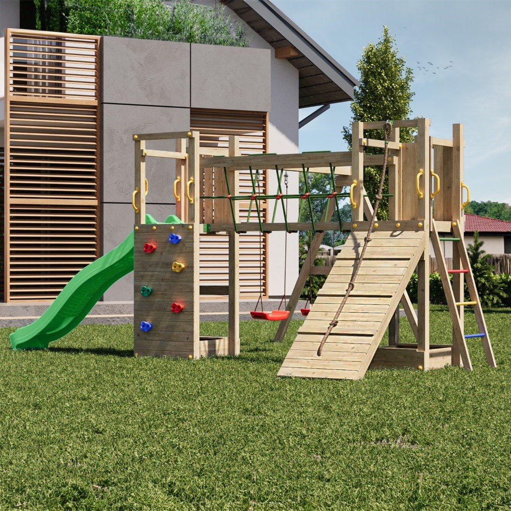 Maxi Fun Double Tower Wooden Climbing Frame with Bridge | Double Swing & Slide