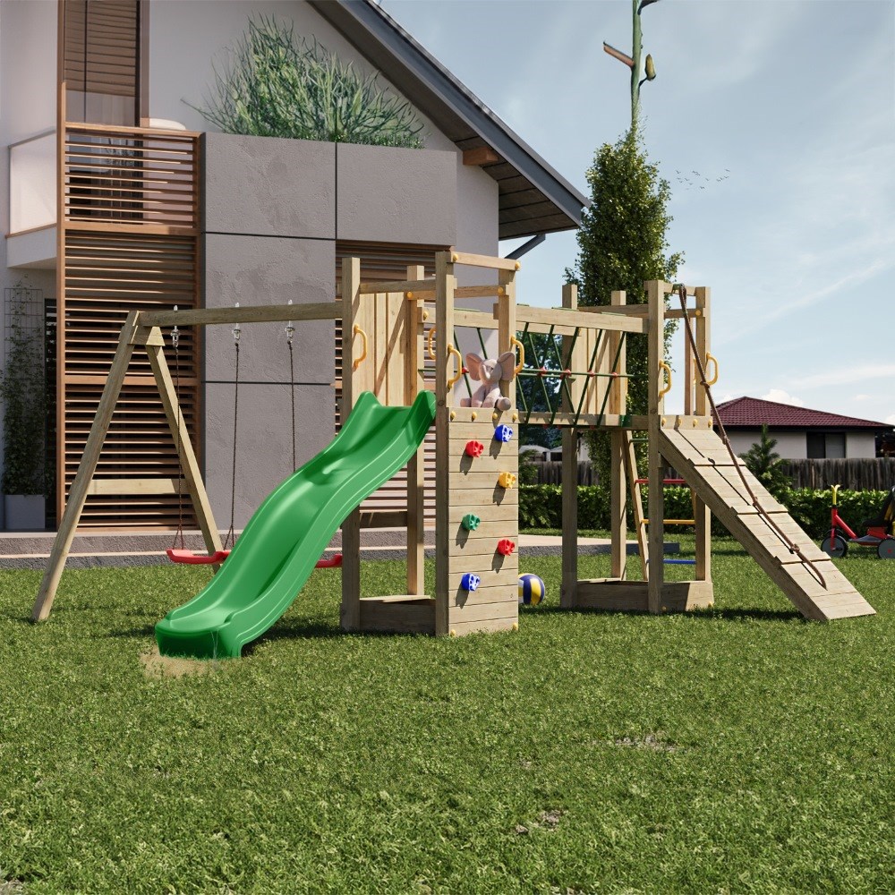Maxi Fun Double Tower Wooden Climbing Frame with Bridge | Double Swing & Slide