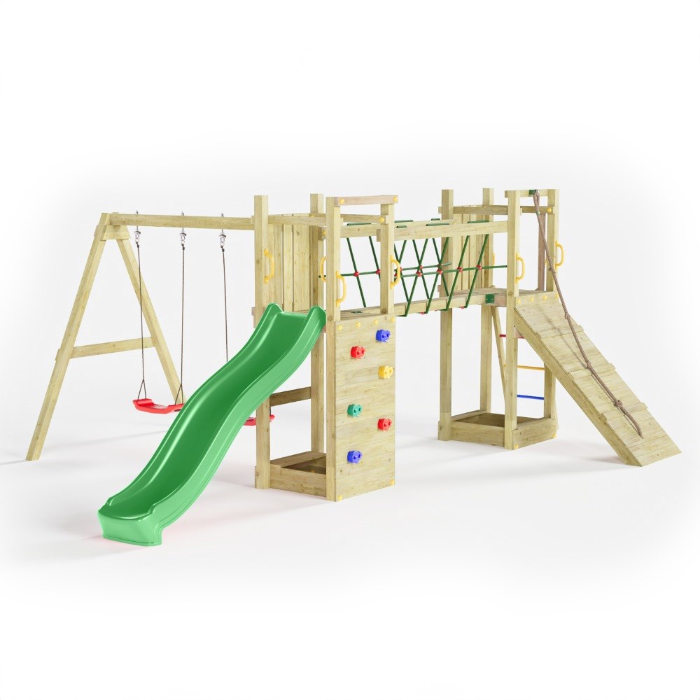 Maxi Fun Double Tower Wooden Climbing Frame with Bridge | Double Swing & Slide