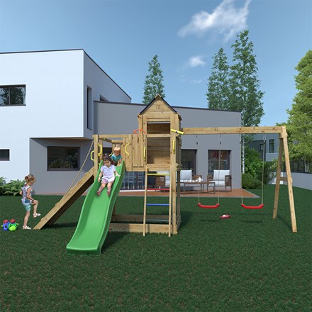 Treehouse Wooden Rock Wall Climbing Frame | Double Swing & Slide