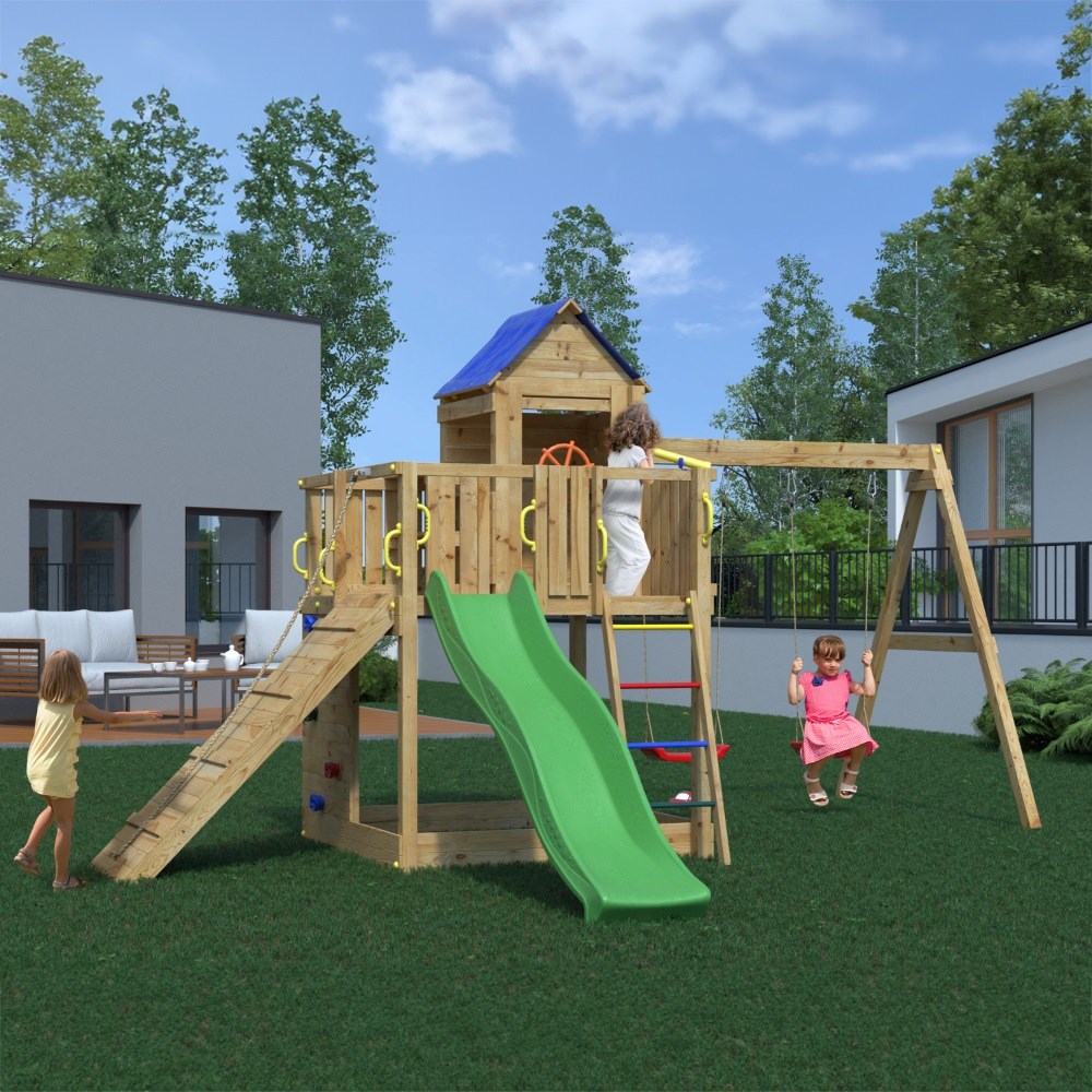 Treehouse Wooden Rock Wall Climbing Frame | Double Swing & Slide