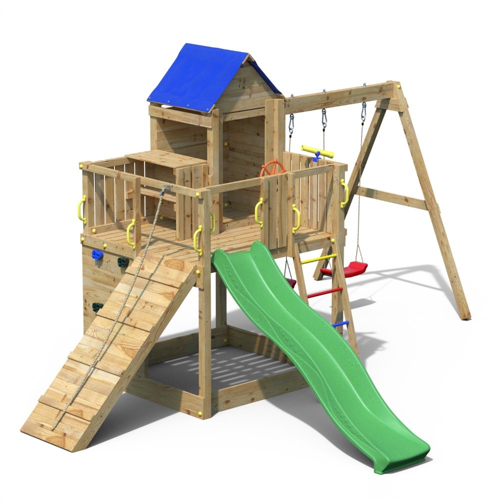 Treehouse Wooden Rock Wall Climbing Frame | Double Swing & Slide