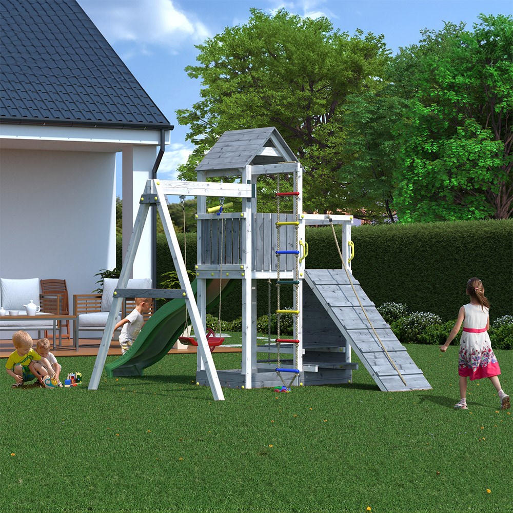 Activer Grey & White Wooden Rock Wall Climbing Frame | Single Swing & Slide