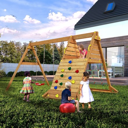 Spider King Wooden Rock Wall Climbing Frame & Rope Climbing Net | Double Swing
