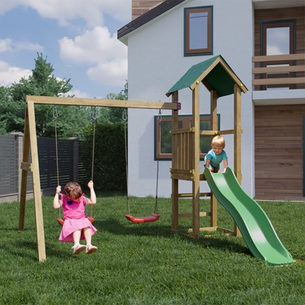 Wooden Glide & Ride Climbing Frame with Double Swing & Slide
