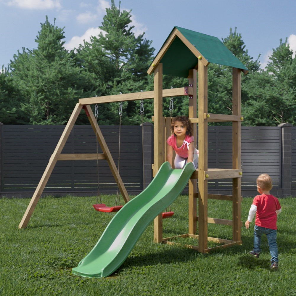 Wooden Glide & Ride Climbing Frame with Double Swing & Slide