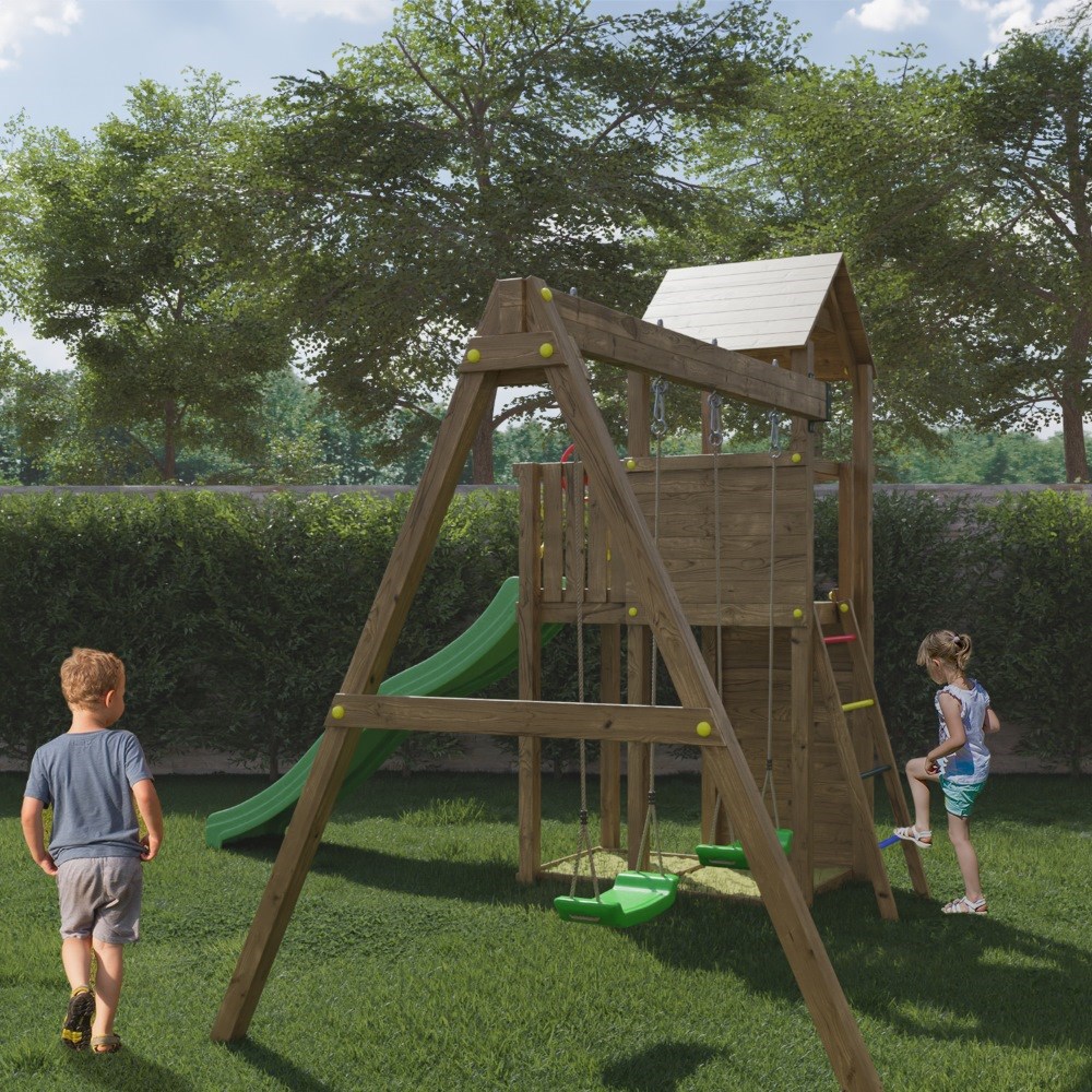 Boomer Wooden Climbing Frame with Double Swing & Slide