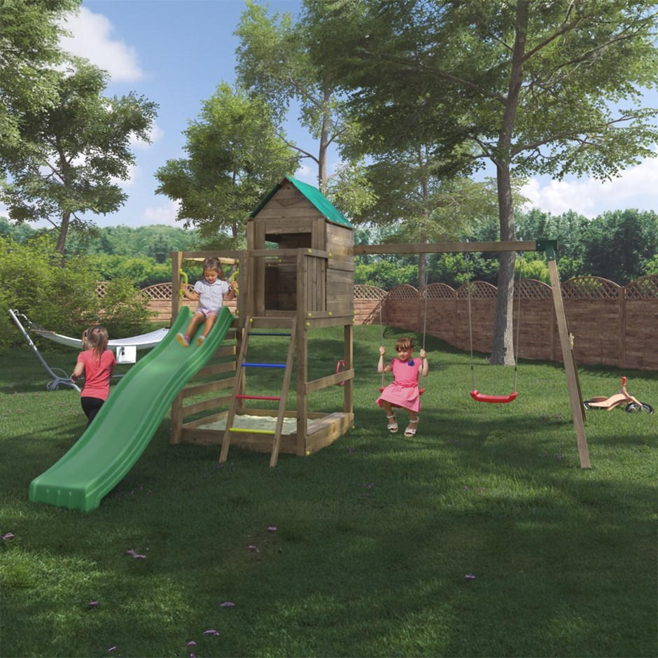 Jarcas Wooden Climbing Frame with Sandpit | Double Swing & Slide