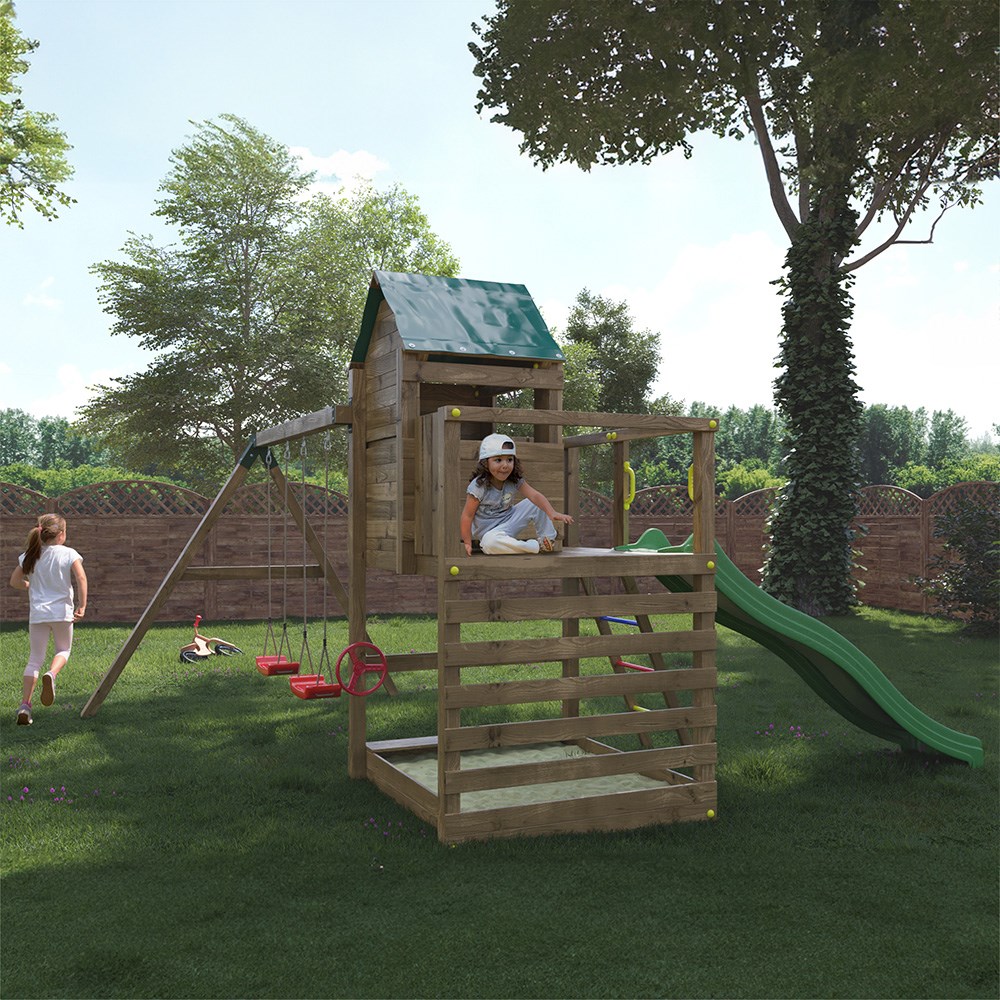 Jarcas Wooden Climbing Frame with Sandpit | Double Swing & Slide