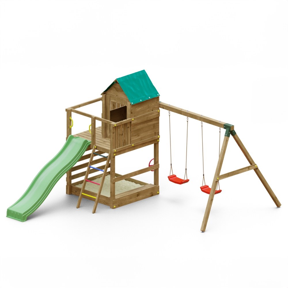 Jarcas Wooden Climbing Frame with Sandpit | Double Swing & Slide