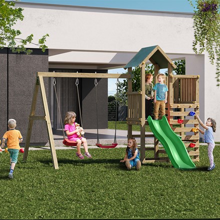 Chester Wooden Rock Wall Climbing Frame with Double Swing & Slide
