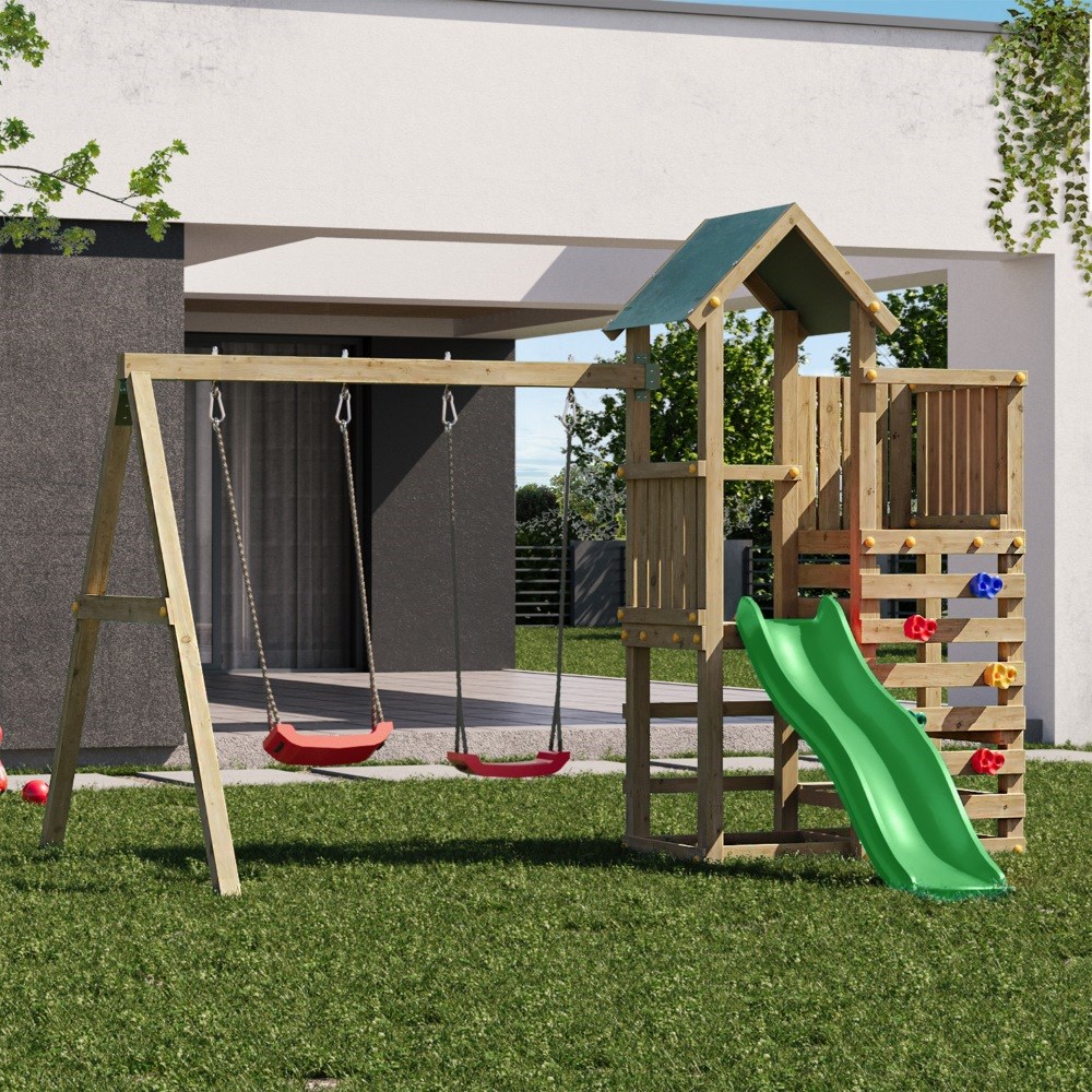 Chester Wooden Rock Wall Climbing Frame with Double Swing & Slide
