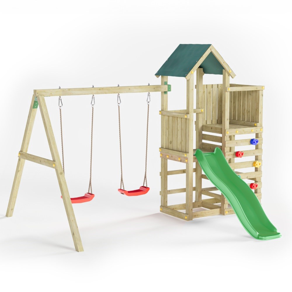 Chester Wooden Rock Wall Climbing Frame with Double Swing & Slide