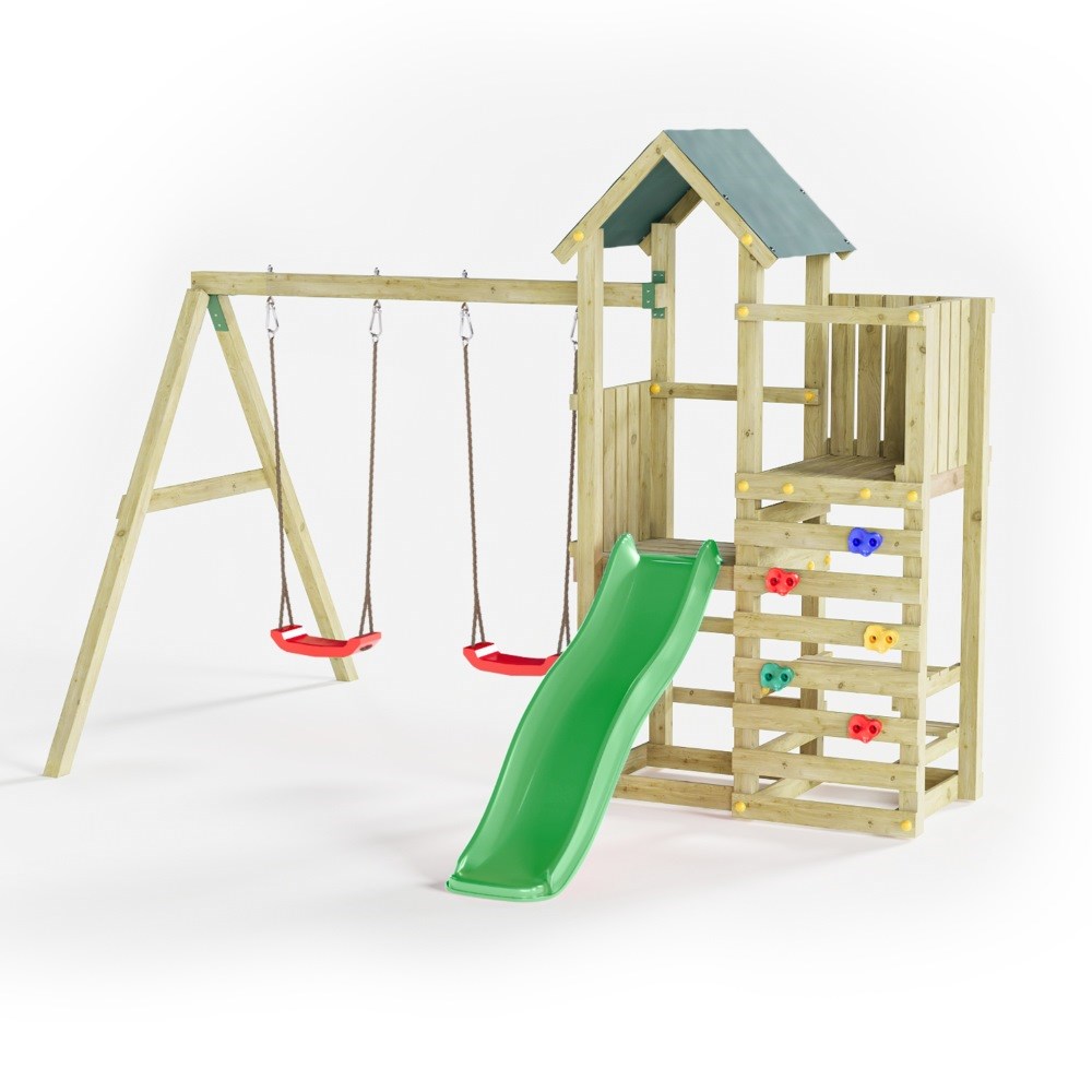 Chester Wooden Rock Wall Climbing Frame with Double Swing & Slide