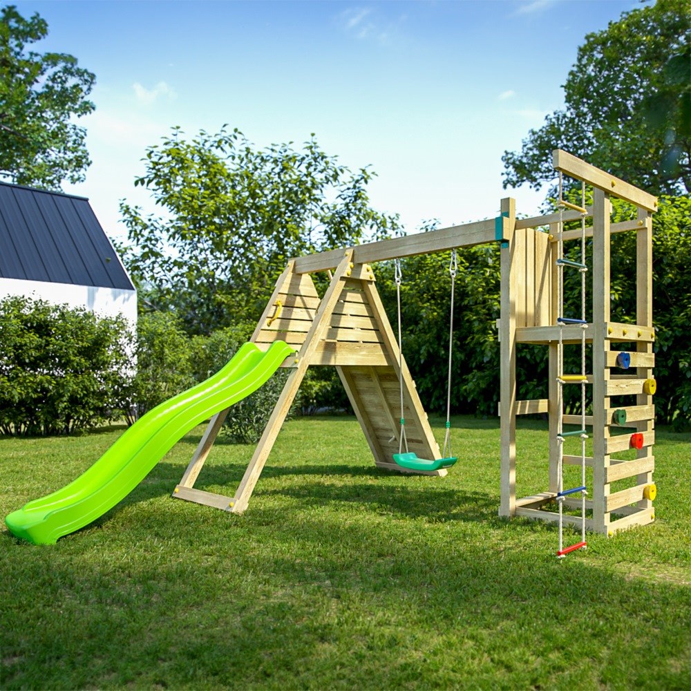 Climber Wooden Rock Wall Climbing Frame with Single Swing & Slide