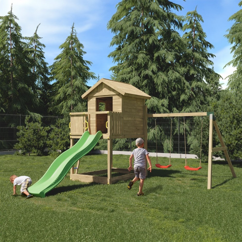 Galaxy Wooden Climbing Frame with Lookout Hut | Double Swing & Slide