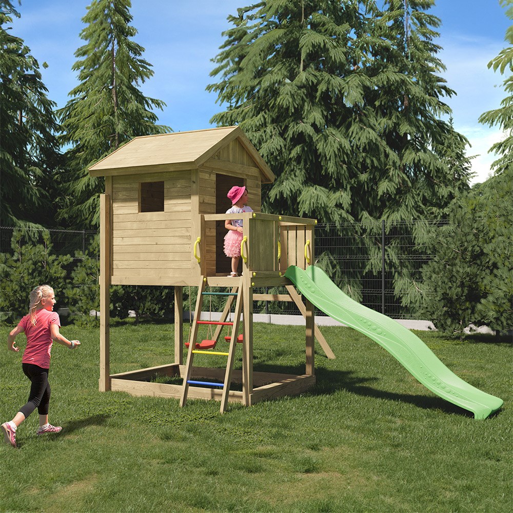 Galaxy Wooden Climbing Frame with Lookout Hut | Double Swing & Slide