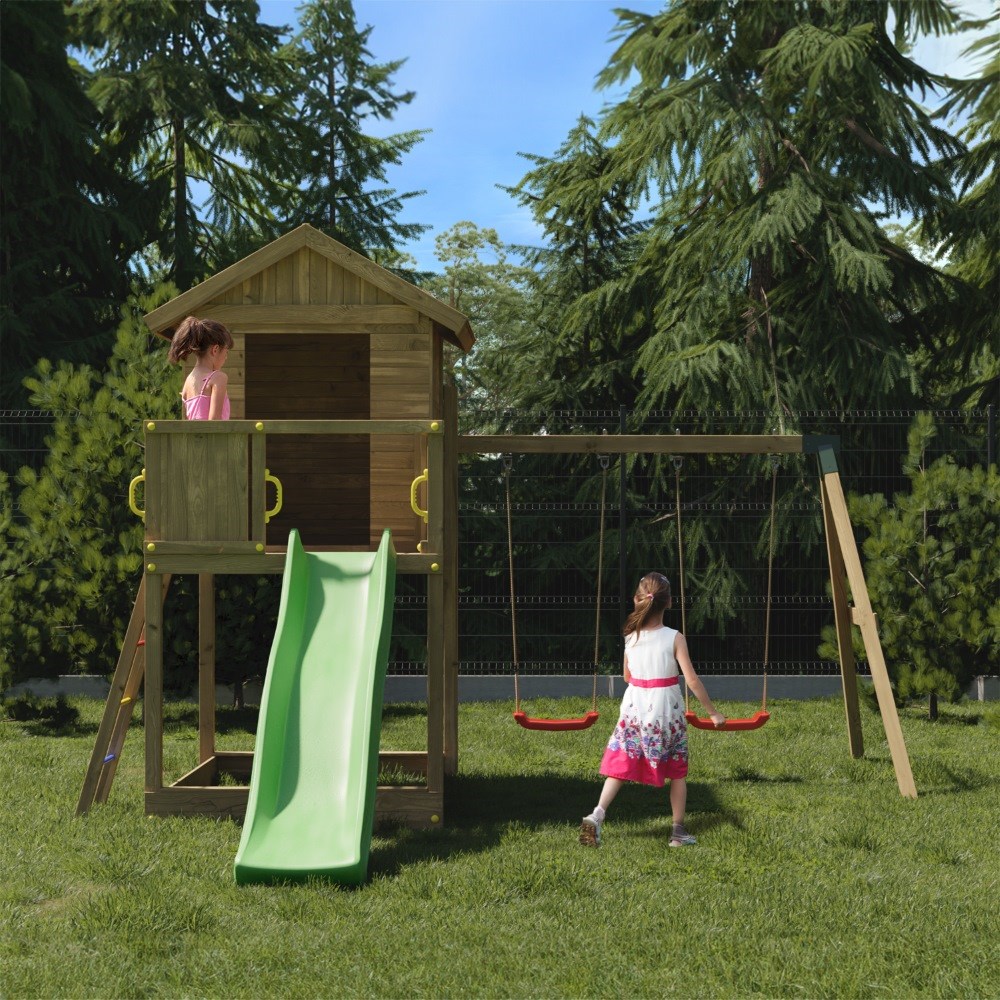 Galaxy Wooden Climbing Frame with Lookout Hut | Double Swing & Slide