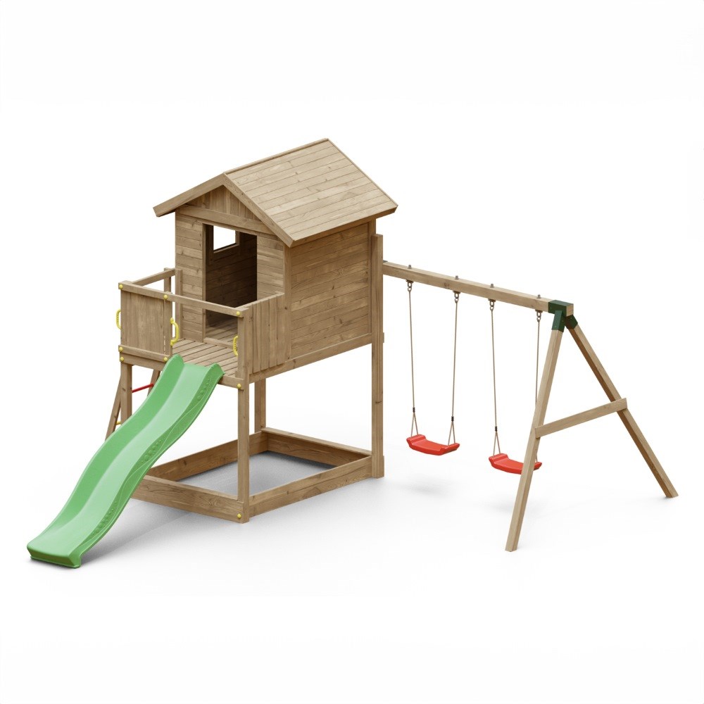 Galaxy Wooden Climbing Frame with Lookout Hut | Double Swing & Slide