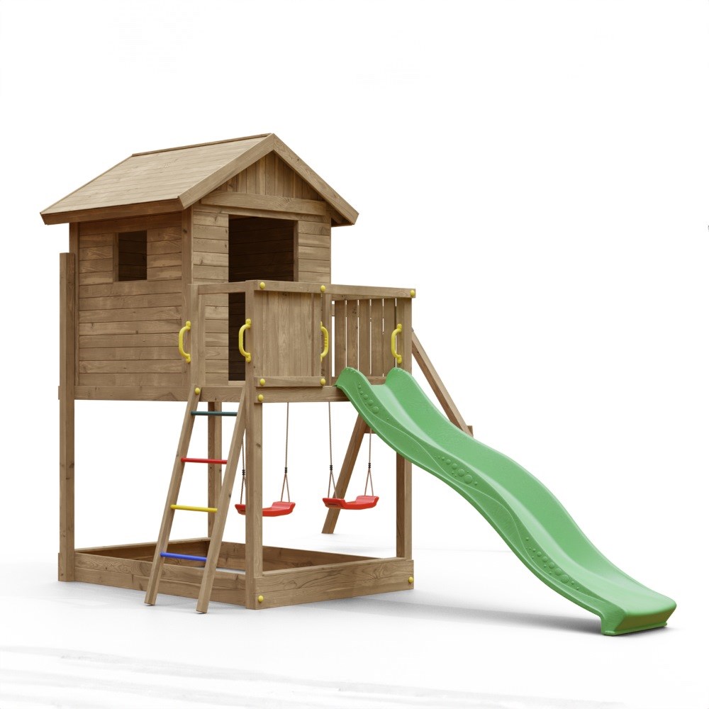 Galaxy Wooden Climbing Frame with Lookout Hut | Double Swing & Slide