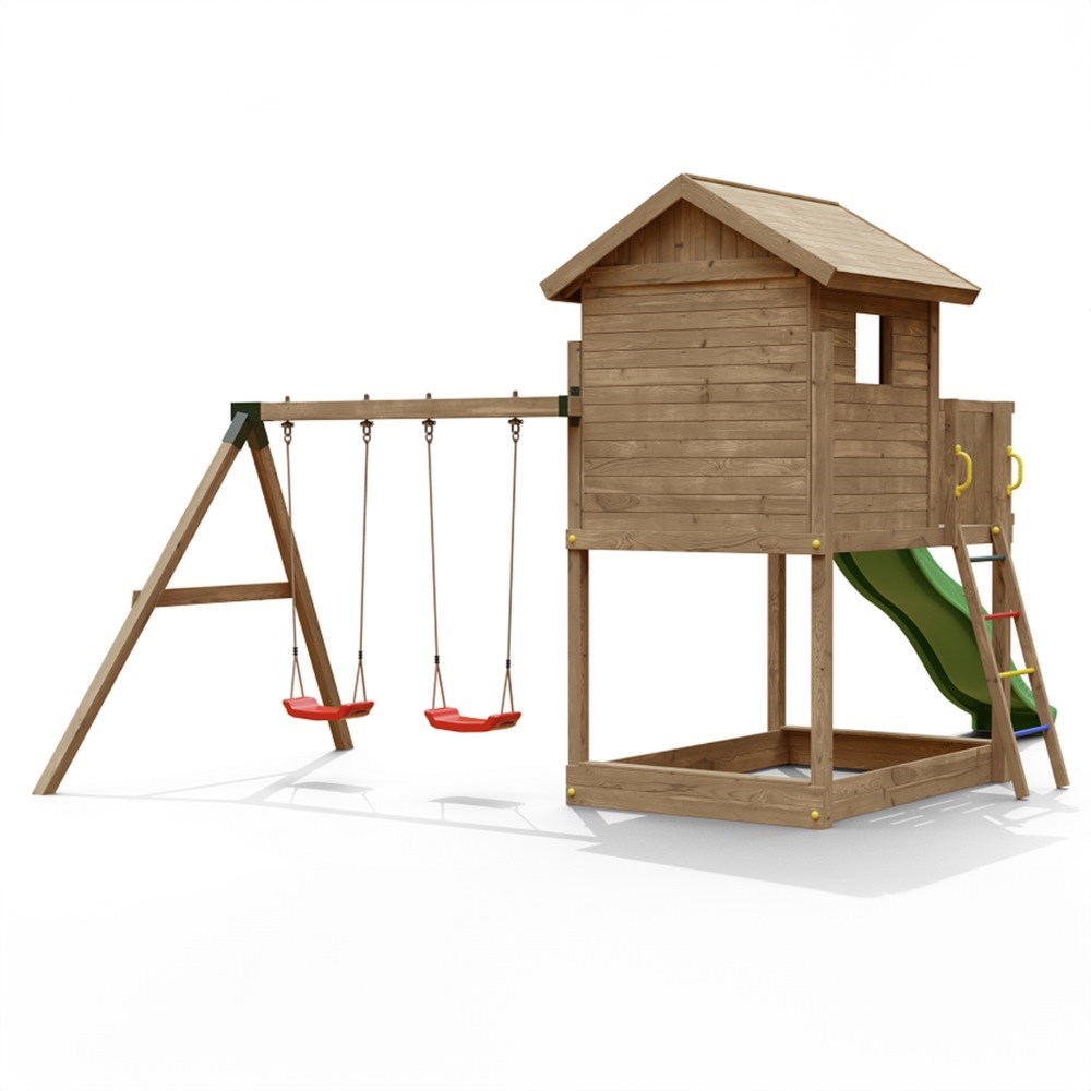 Galaxy Wooden Climbing Frame with Lookout Hut | Double Swing & Slide