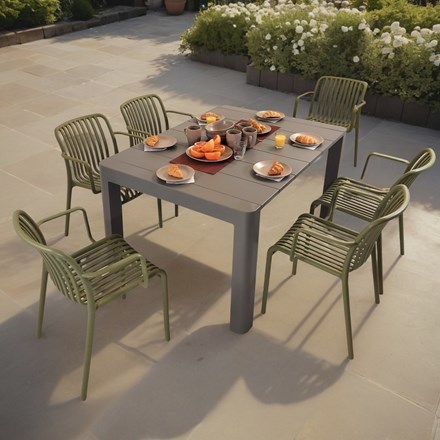 HENRIK140 Dining Table Nickel Grey with 06 ALMA Armchair Avocado Set