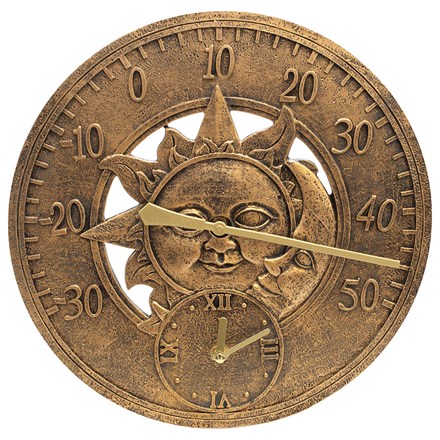 Garden Sun and Moon Clock & Thermometer | 12"| Battery Powered