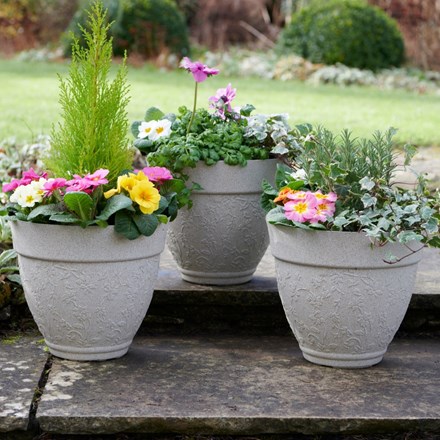 Pack of 3 Floral Design Planters Sandstone Finish