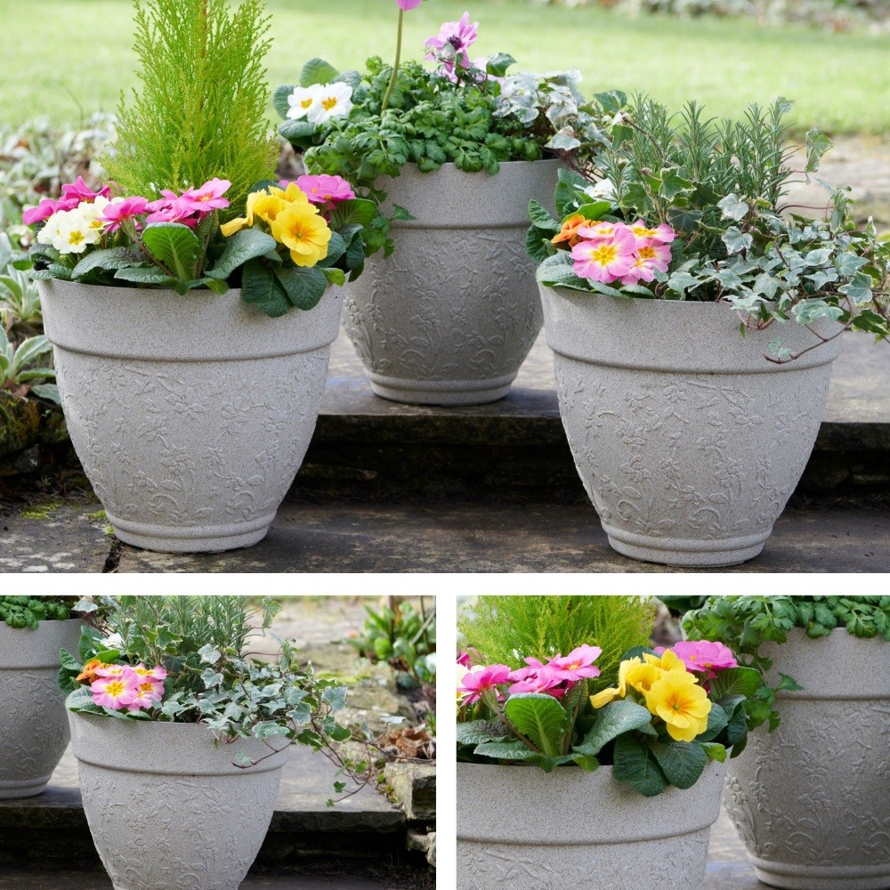 Sandstone Effect Floral Round Planters