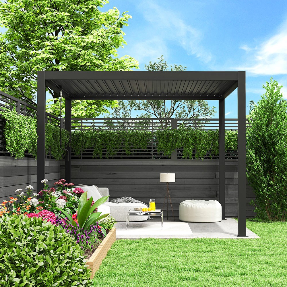 3m x 3m Charcoal Pergola with Steel Louvered Shutter Roof by Primrose Living