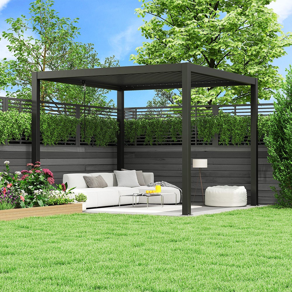 3m x 3m Charcoal Pergola with Steel Louvered Shutter Roof by Primrose Living