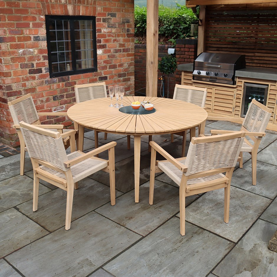 Roma Six Seater Round Dining Set With Rope Stacking Chairs