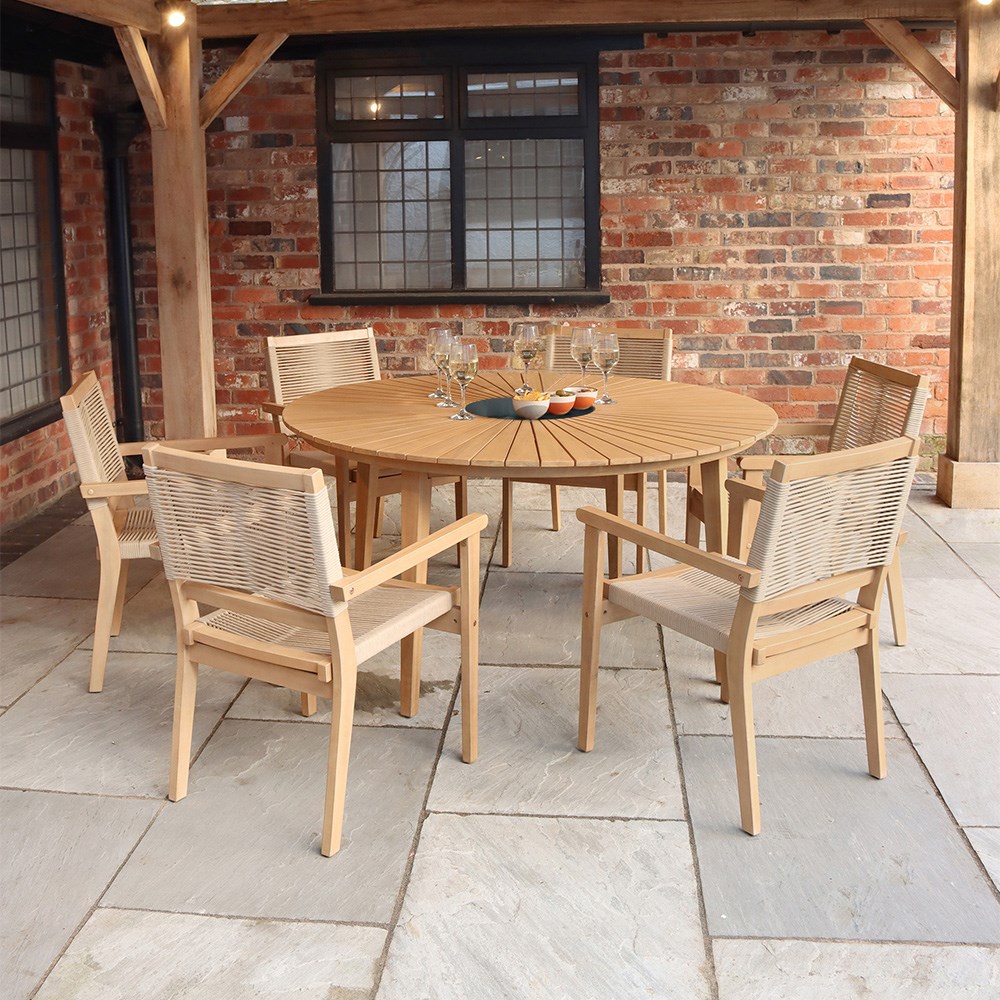 Roma Six Seater Round Dining Set With Rope Stacking Chairs