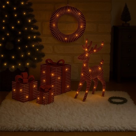 Red & Gold Braid Christmas Wreath, Reindeer & Boxes