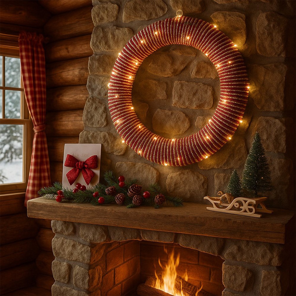 Red & Gold Braid Christmas Wreath, Reindeer & Boxes
